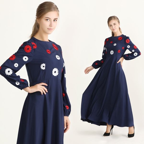 

new women's embroidered large hem slim muslim dress arab robe, Black;gray