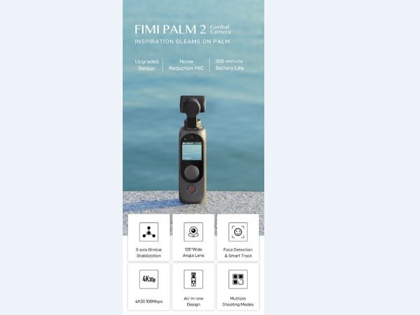 

fimi palm gimbal camera , handheld ptz camera,generation 2 ,4k ,hd ,built-in microphone and external mic supported,wifi & bluetooth connecti