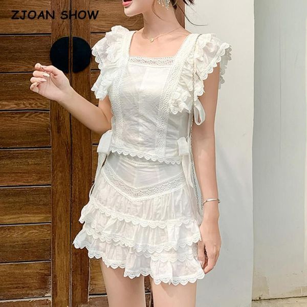 

women's tracksuits 2 pieces set hollow out embroidery white crop spliced ruffles hem wood ears mini skirt shorts short sleeve tanks hol, Gray