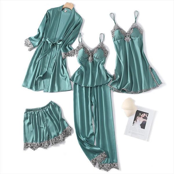 

lace 5pcs nightgown sets women sleepwear bride kimono bathrobe gown satin lady nighty amp robe sleep suit home clothes, Black;red