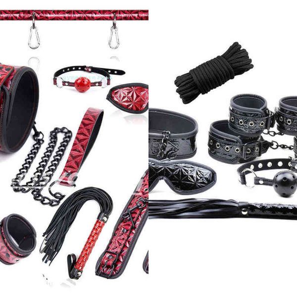 NXY SM Bondage 7 pcs Restrições de Cama Kit Kit Cuffs Collar Gag Blinderful Corda Whip Pulso e Ankle Casais Spanking Sex Toys 1223