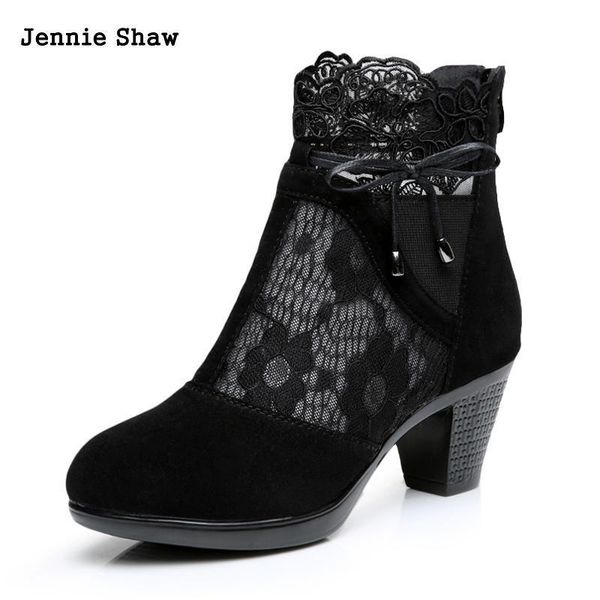 

botas malla con cordones mujer, zapatos de tacn medio, piel autntica, para primavera y otoo, Black