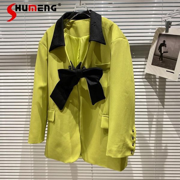 

women's suits & blazers 2021 summer big bow contrast color long sleeves loose suit for women, White;black