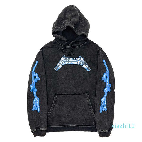 

1:1 high street band wash old heavy metal rock hoodie, Black
