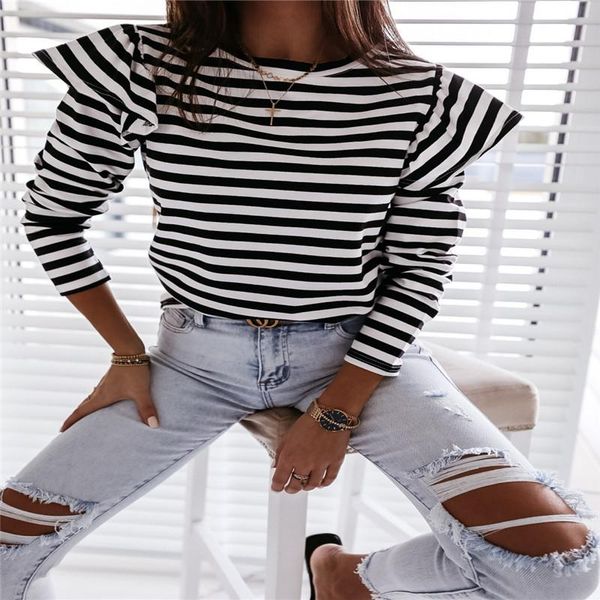 

women's t-shirt striped t shirt long-sleeved fall elastic party round neck ruffle shoulder warm clothes, White
