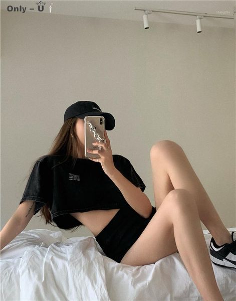 

women's t-shirt tshirt female summer fashion sweet cool style girl short smart high waist exposed navel slim black sleeve top, White