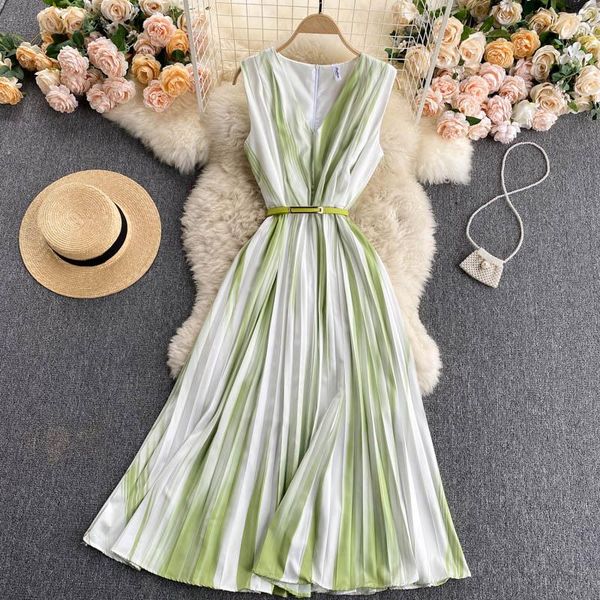 

casual dresses vintage dress women v-neck sleeveless with belt tie dye pleated vestidos female summer beach party pink/blue robe, Black;gray