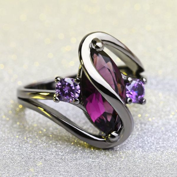 

2019 new openwork ring female one big gem two small gemstone ring purple gemstone ring luxury jewelry woman jewelry come with box, Golden;silver