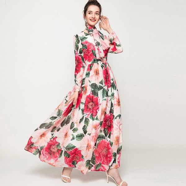 Женские платья по взлетно -посадочной полосе с длинными рукавами с длинными рукавами цветочные сплошные пояс модное повседневное макси -дизайнерское платье