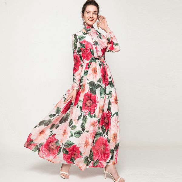 

women's runway dresses bow collar long sleeves floral printed sash belt fashion casual maxi designer dress, Black