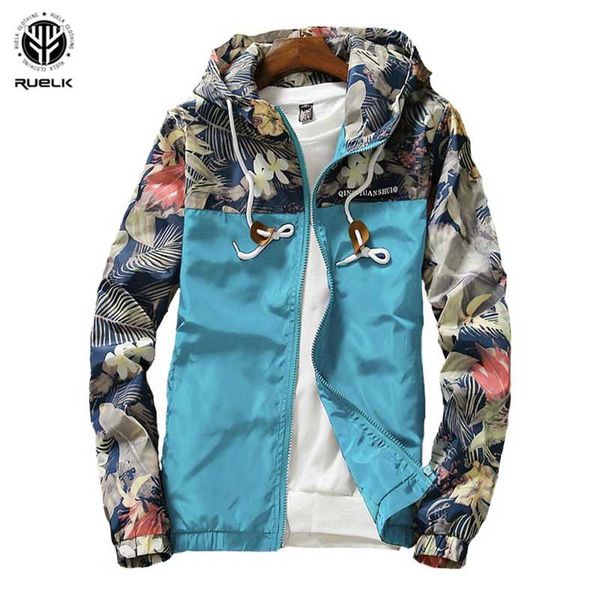 Ruelk Primavera e Outono Moda Masculina Casual Floral Capuz Com Capuz De Mangas De Mangas De Mangas Jaqueta Masculina Cool Windbreaker M-5XL 210927