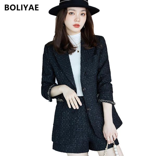 

women's tracksuits boliyae spring and autumn suit with shorts for women tweed plaid long sleeve blazer sets fashion double breasted ja, Gray