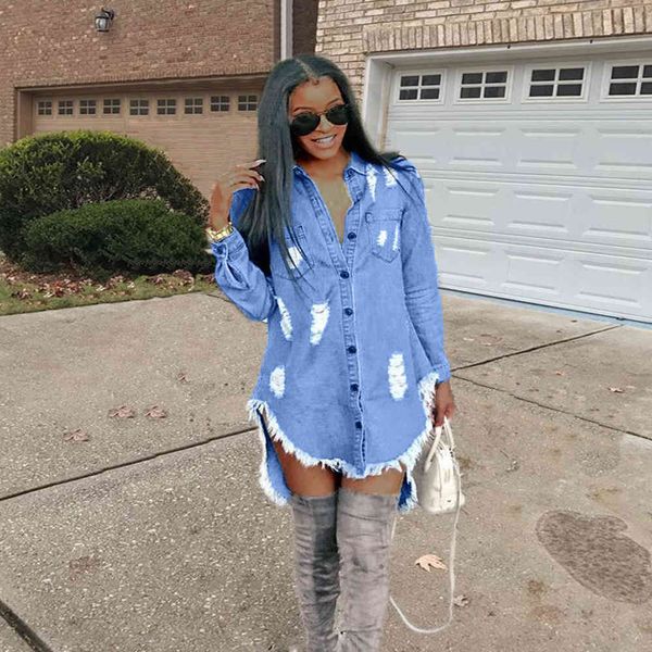 

blue denim shirt women girls holes ripped sleeves turn down neck high front long back casual es, White