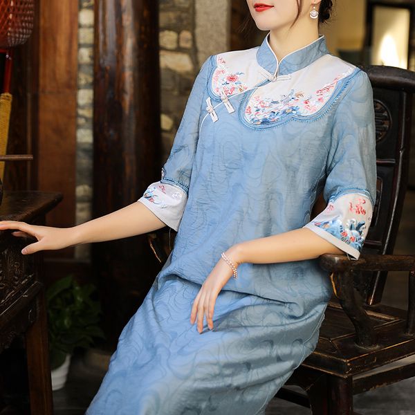 

dresses brand qipao spring summer plus size clothes women luxurious embroidery casual vintage pink blue xxl, Black;gray