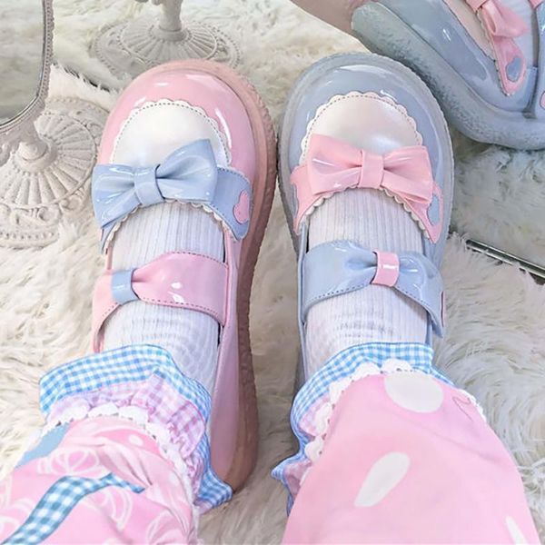 

dress shoes kawaii mix color lolita femme 2021 autumn zapatillas mujer lovely patchwork bow ladies footwear hook loop woman, Black