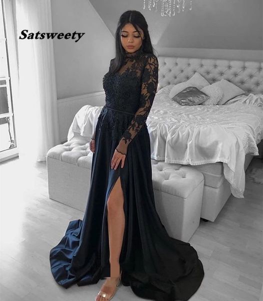 

illusion long sleeve lace a-line evening dresses appliques black formal gowns split satin prom dress robe soirÃ©e, Black;red