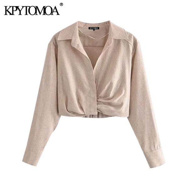 

women fashion with pleats linen cropped blouses long sleeve side zipper elastic hem female shirts chic 210420, White