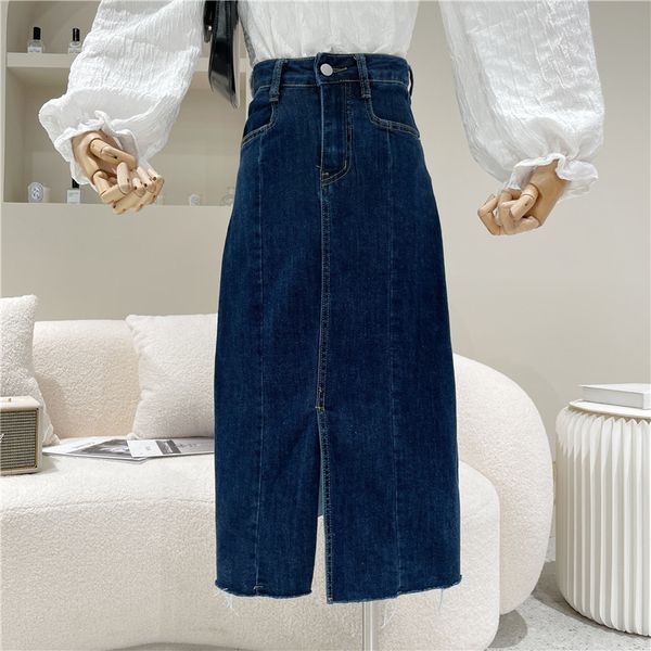 

skirts spring summer 2021 female niche design high waist fashion thin the line medium hip split retro denim skirt, Black