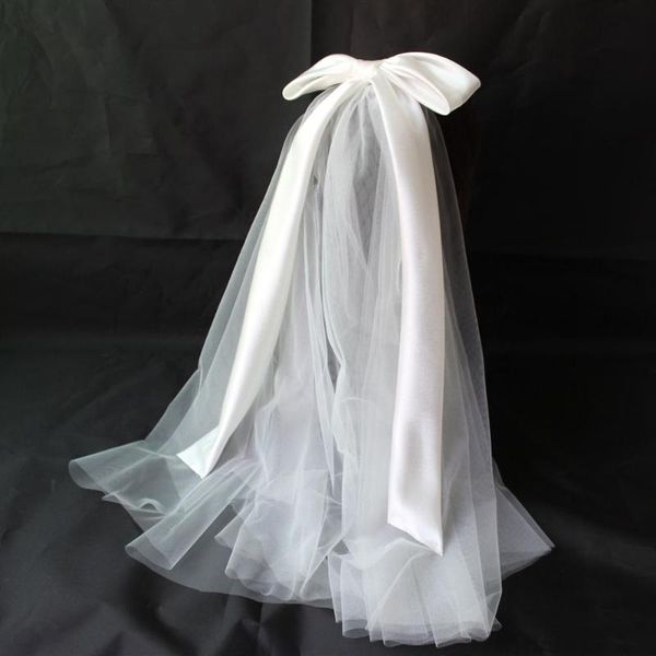 

bridal veils wedding veil short soft tulle two layers white shoulder length bride accessories with bow, Black