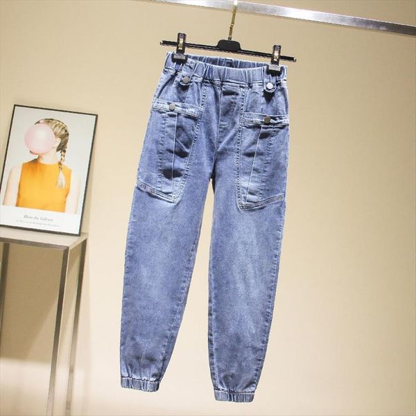 

pants summer loose women jeans high waist ankle tied harem length elastic pantalones vaqueros mujer, Blue