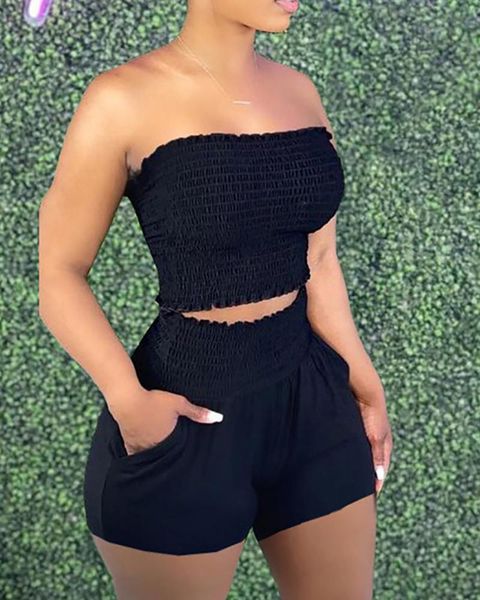 

women's tracksuits summer women plain bandeau shirred & pocket design shorts sets 2021 femme tunics short pants lady clothing 2 pcs, Gray