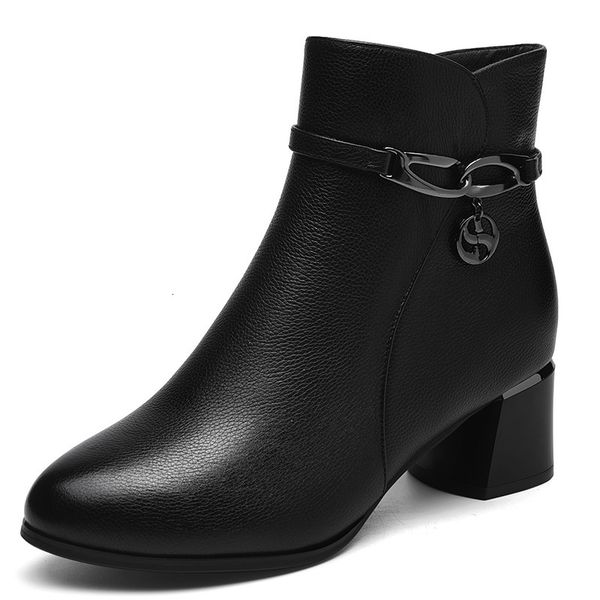 

boots women shoes square high heels genuine leather martin british style trend autumn winter plus velvet short m0003 oa22, Black