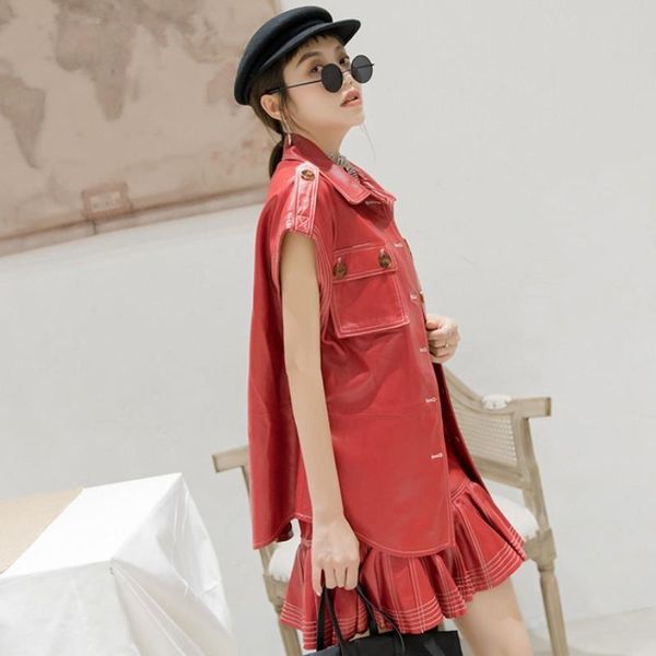 

women's leather & faux spring women sheepskin short sleeve pockets safari coat casual loose fit genuine jacket motor biker outwear, Black