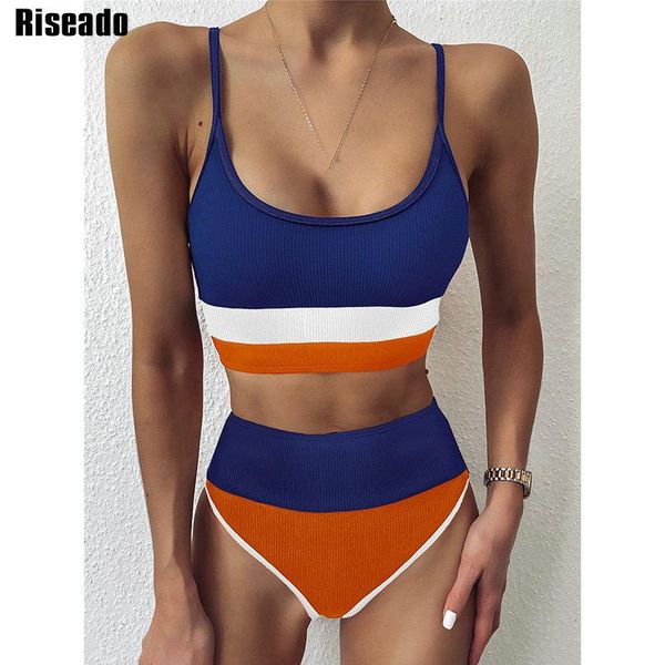

riseado high waisted bikini 2021 push up swimsuit patchwork swimwear women strap bathing suit ribbed swimming summer women's, White;black