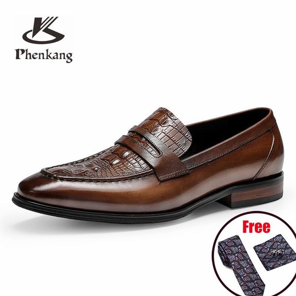 

dress shoes phenkang men crocodile pattern genuine leather penny loafers mens pointed toe slip on oxfords wedding brown casual, Black