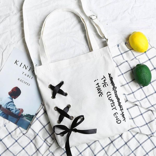 

shopping bags korean style canvas cloth bag woman schoolbag ribbon bow girls single shoulder crossbody eco female black