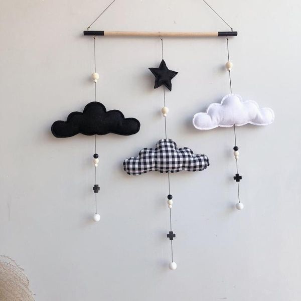 

felt clouds shape wall hanging ornament kids bedroom decoration wooden stick tassel pendant baby tents decor decorative objects & figurines