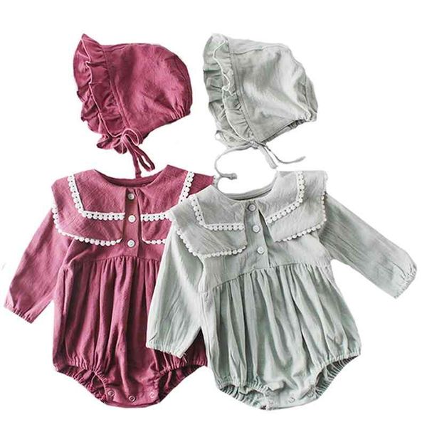 

cotton jumpsuit spring bodysuits +hat lapel long sleeve jacket crawling cap baby girl clothes 210417, Blue