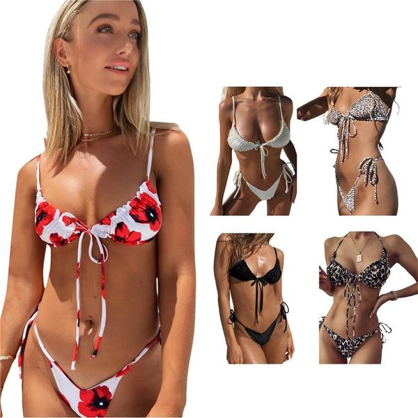 

pcs push up bathing suit lace bikini female solid color/floral print spaghetti strap + panties for summer women's swimwear, White;black