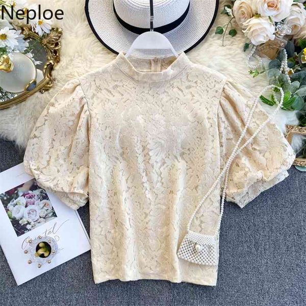 

retro stand collar chic puff long sleeve blouse women elegant lace solid slim blusas autumn spring shirt 47871 210422, White