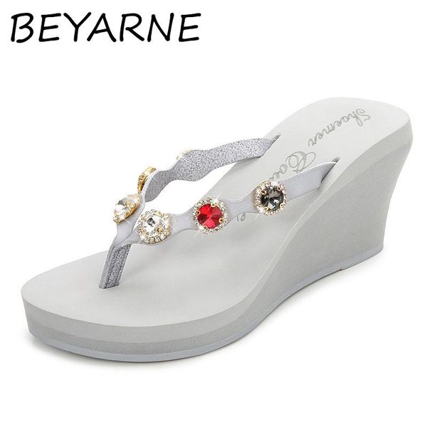 

slippers beyarnesummer shoes woman platform sandals women casual soft leather wedge thongs crystal flat, Black