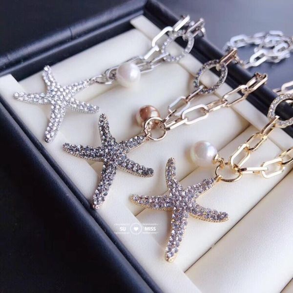 

pendant necklaces fashion jewelry sea star design with shiny rhinestones statement necklace women's beauty and beast lovers gifts, Silver