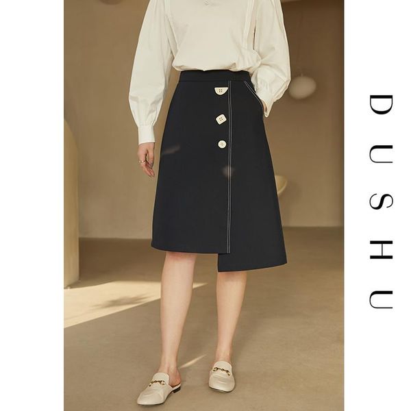 

plus size women's black high-waisted asymmetric split skirt navy blue knee-length button decoration skirts