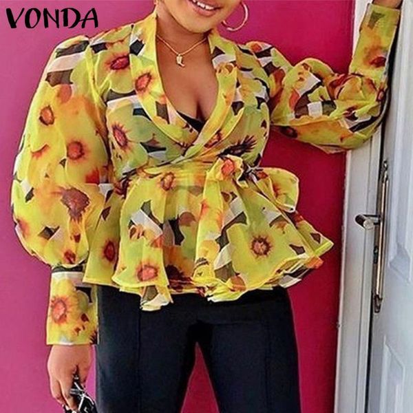 

women's blouses & shirts vonda women printed blouse 2021 autumn casual long sleeve ol office oversized loose party blusas femme elegant, White