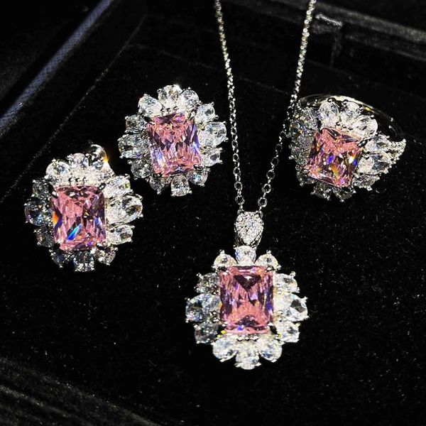 

earrings & necklace bright zircon pink flower ring sets for bride wedding accessories silver plated trendy lady proposal
