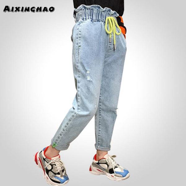 

jeans girls drawstring kids girl casual with hole spring autumn children's clothes 6 8 10 12 14 year, Blue