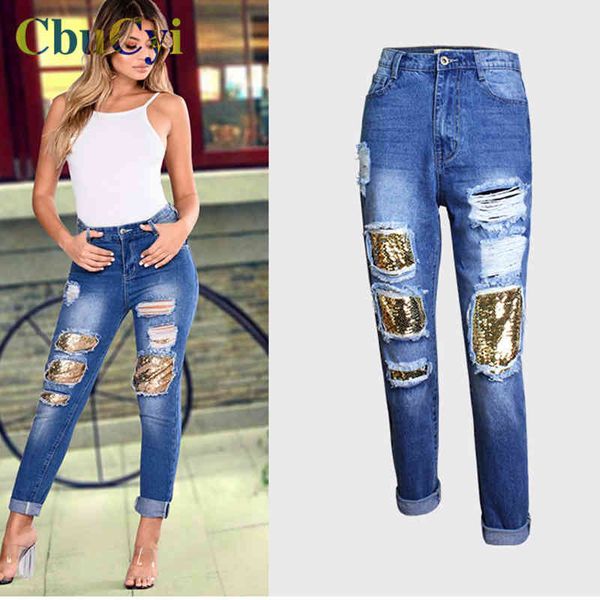 

jeans spring women's clothing blue bf style gold sequins straight hole jeans trousers ladies high waist denim pants