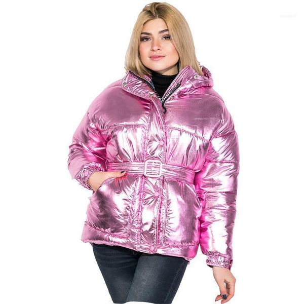 

women's down & parkas glossy silver winter women coat zip belt cotton padded casual thick jacket hooded abrigos mujer invierno1, Black