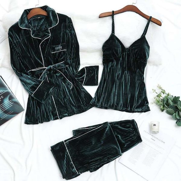 

women's 3pcs/lot women velvet pajamas sets lapel nightgown fashion slings sleepwear long trousers autumn winter female homewear #f1 pd8, Black;red