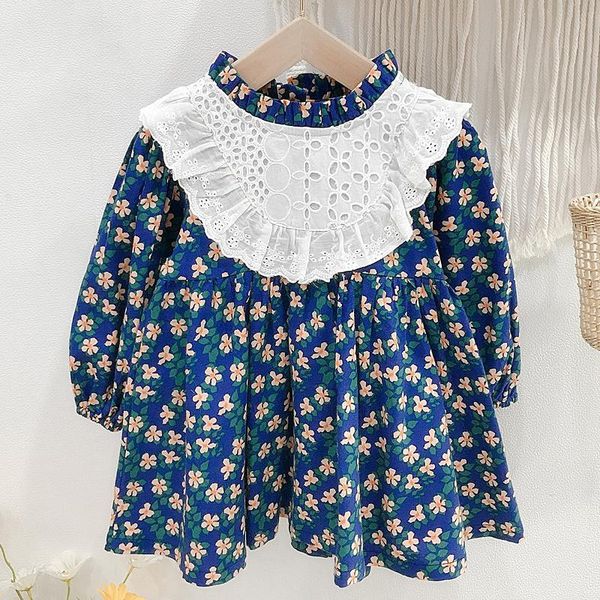 

girl's dresses spring autumn girls dress cute long-sleeve lace patchwork floral printed princess kids clothes children, Red;yellow