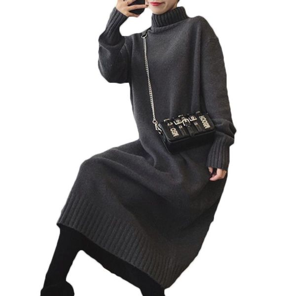 

fashion plus size women's high neck thick sweater knit long dress 2021 autumn winter loose b732 casual dresses, Black;gray