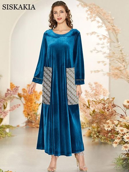 

siskakia jacquard pocket patchwork velvet maxi dress for women autumn winter o neck long sleeve arabic turkey muslim clothing casual dresses, Black;gray