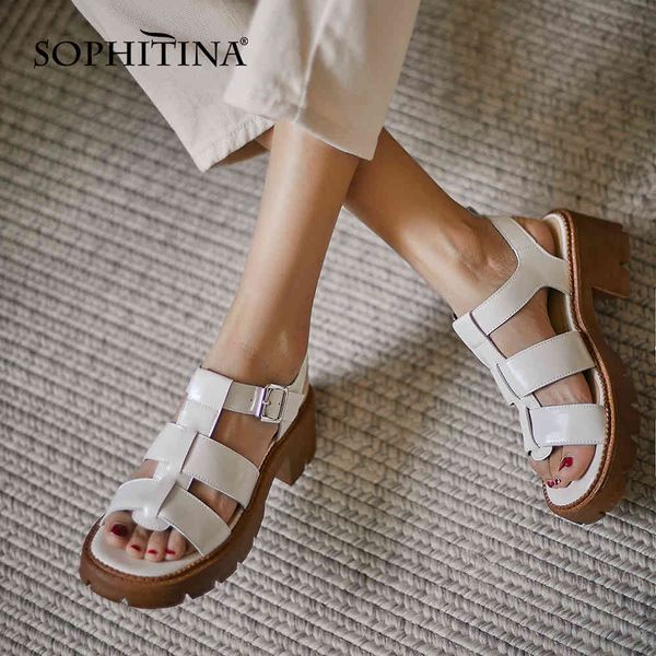 

sophitina women chunky sandals casual retro white platform genuine leather sandals buckle strap fashion commute lady shoes ao933 210513, Black