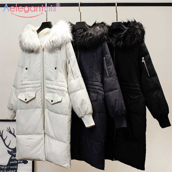 

aelegantmis fashion thicken warm women hooded parkas winter long coat female fur parka cotton padded jacket overcoat 210607, Black