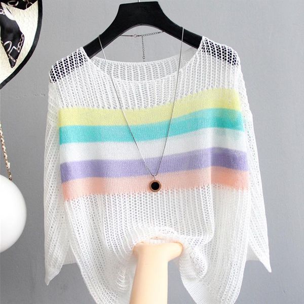 

women's sweaters 2021 summer pullover women knitted hollow out female o-neck striped loose knitting shirt, White;black