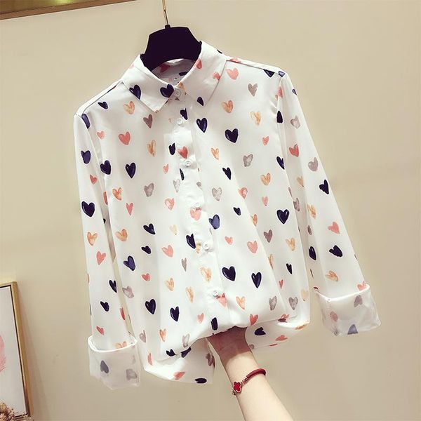 

chiffon blouse long sleeve white sweet heart print turn down collar lady office shirt tunic casual loose women's blouses & shirts